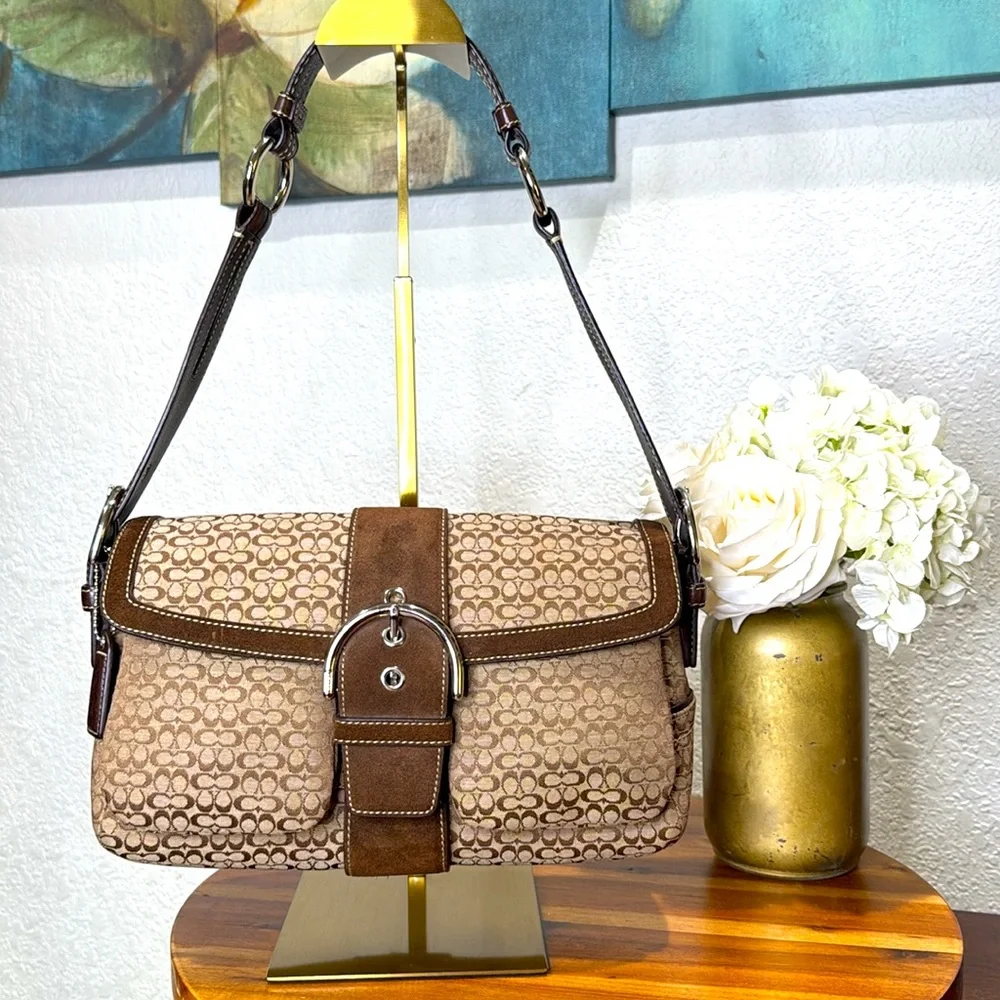 Coach Vintage Beige Brown Monogram Canvas With Brown Suede Soho Shoulder Bag - Picture 3 of 15